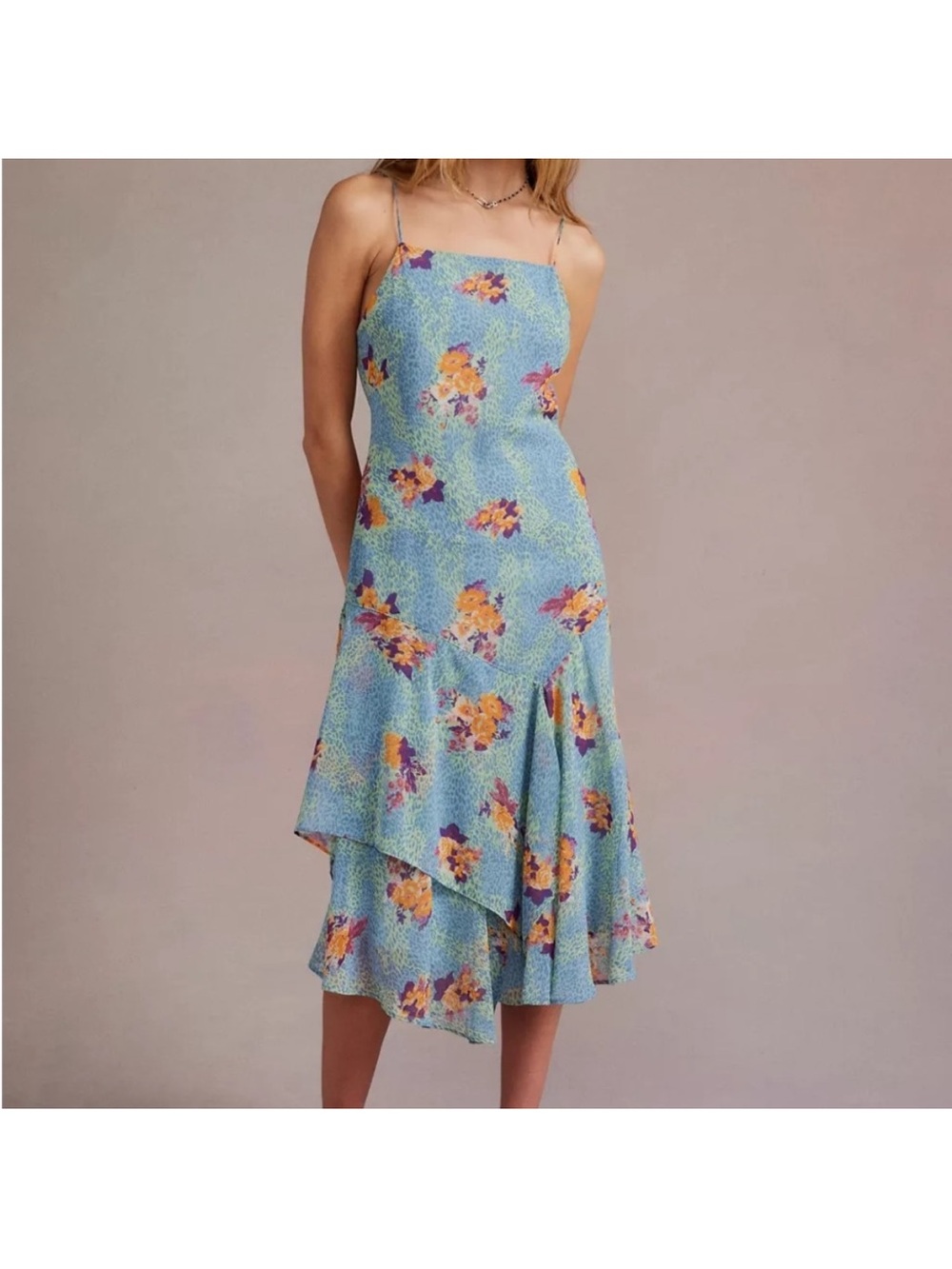 Urban Outfitters Sky Blue Floral Asymmetrical Slip Dress